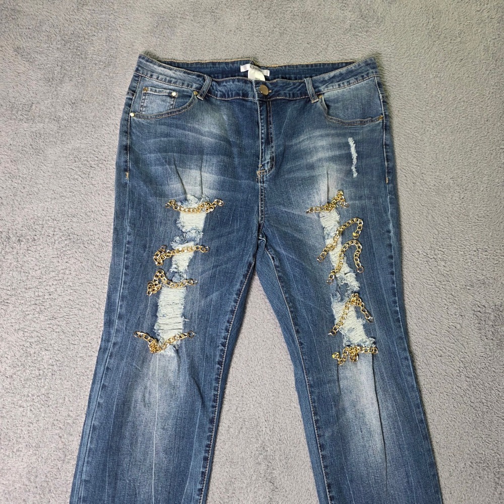K. Jordan Womens 18W Distressed Jeans Blue Gold Chain Link Ripped Straight Leg